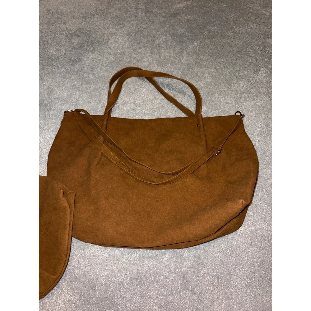 Large Tan Faux Suede Slouchy Tote Bag with Matching Pouch Crossbody‎ Strap